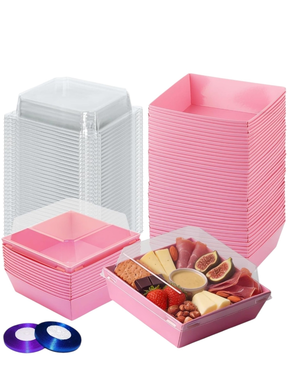 50-Pack 4 Inche Disposable Charcuterie Pink Boxes with Clear Lids Gift Desserts